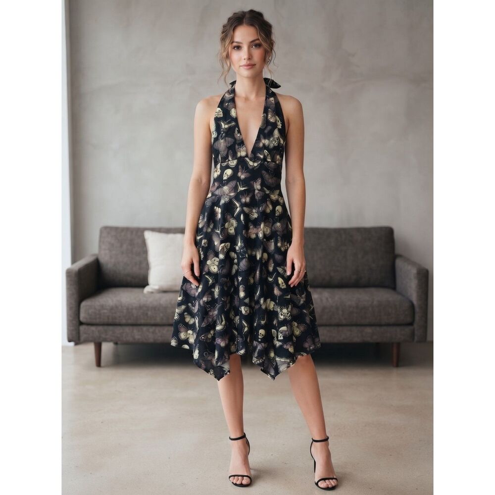 Tiki Cult Skull Butterfly Print Halter Dress Y2K Goth XL